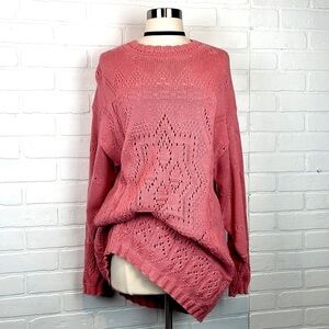 Vintage Oversized Longline Retro Pink Crochet Granny Square Crewneck Sweater M